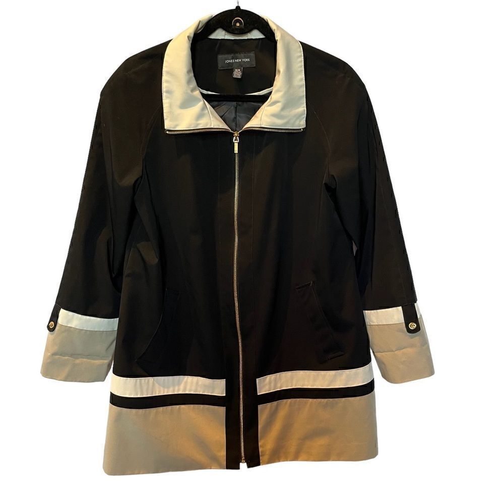 Jones New York Women's Swing Coat Colorblock Size Medium Black/tan/cream